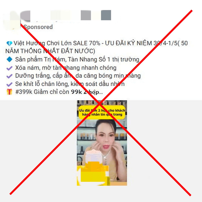 Kẻ gian lợi dụng danh tiếng, hình ảnh của Việt Hương để bán hàng trực tuyến. Ảnh: FBNV