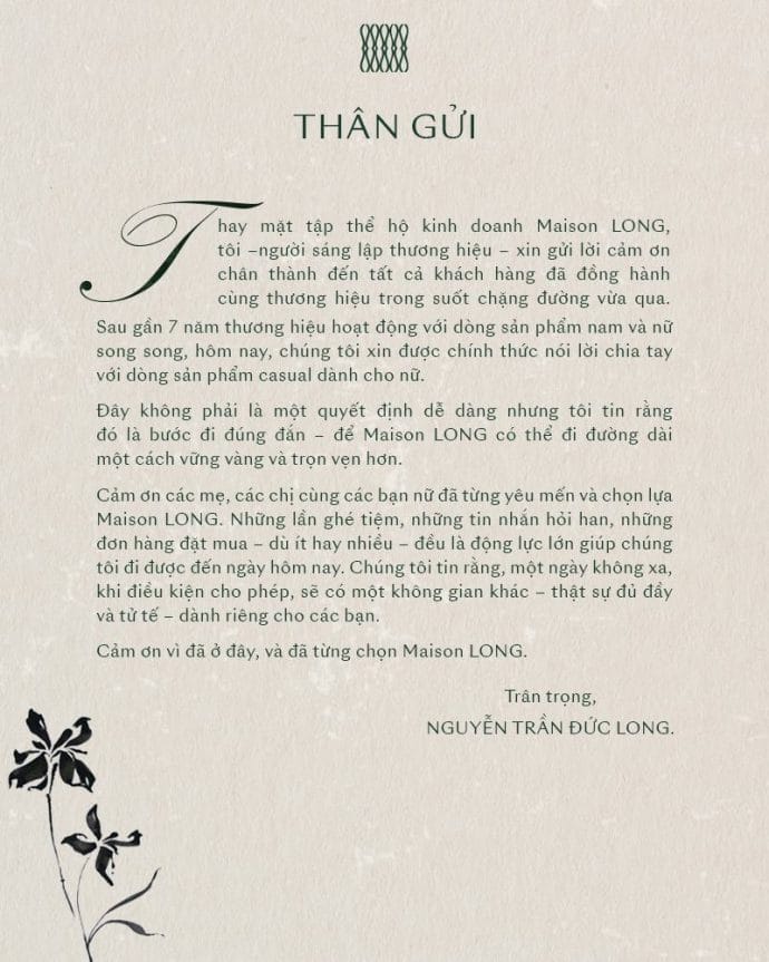 Maison LONG chia tay dòng sản phẩm nữ sau 7 năm