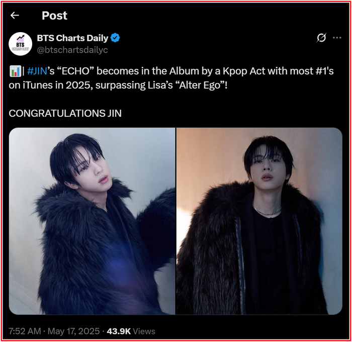 Jin (BTS) 'soán ngôi' Lisa với album thứ hai trong sự nghiệp solo Ảnh 3