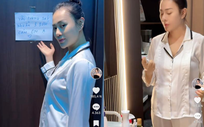 Phương Oanh thể hiện sự nghiêm túc trong việc sát khuẩn, đảm bảo vệ sinh khi con mới chào đời.