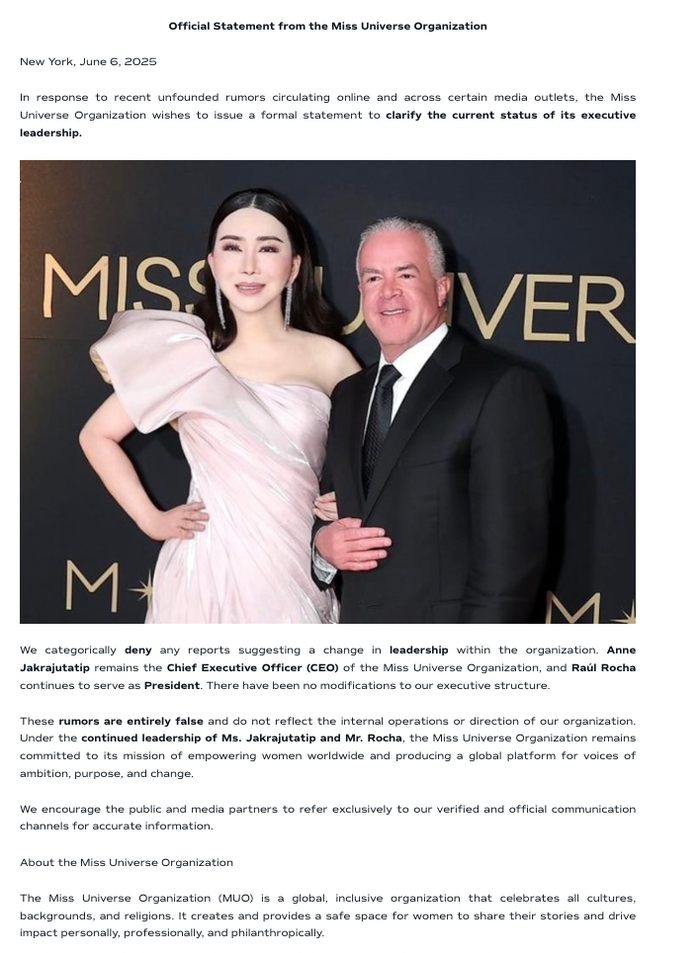 Văn bản thông báo về bộ máy lãnh đạo cấp cao của Miss Universe. (Ảnh chụp màn hình)